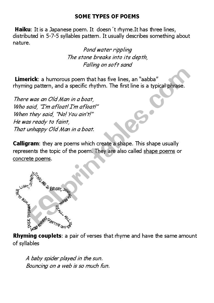 Types of poems and parts of a poem ESL worksheet by biiski