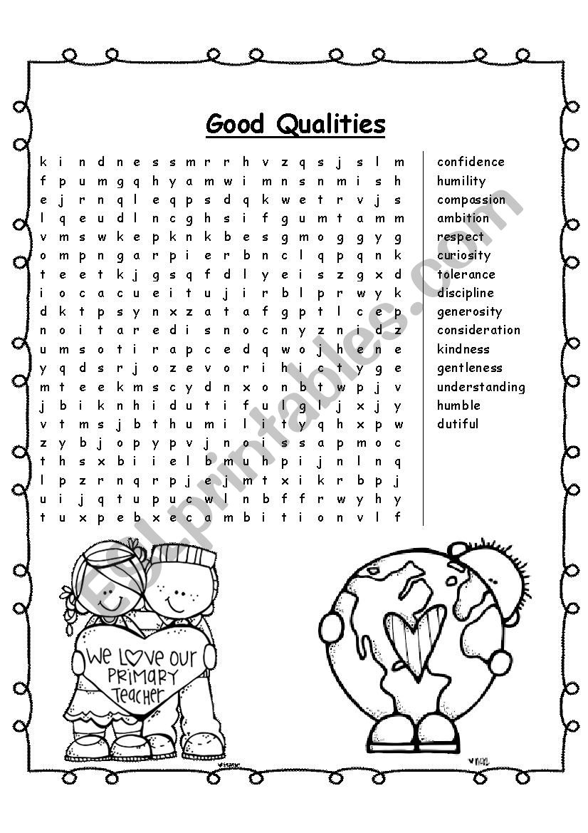Good Qualities Word Search worksheet