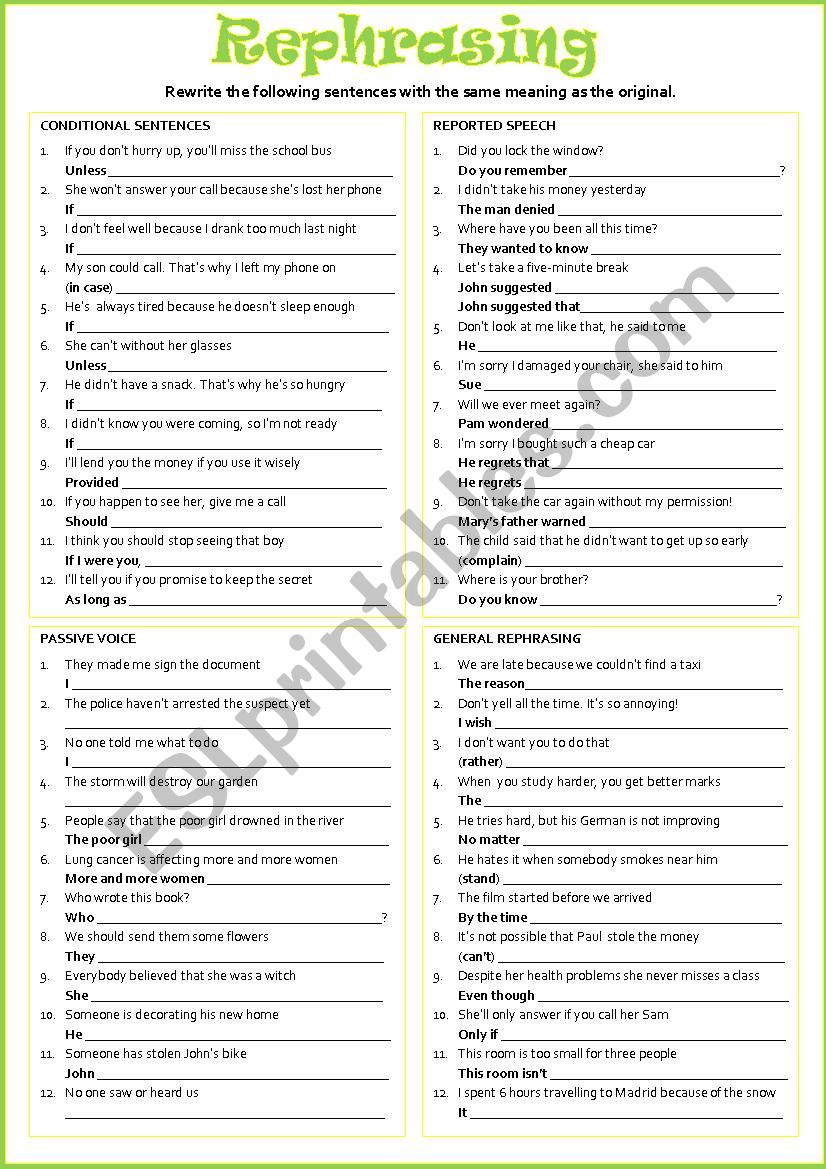 REPHRASING exercises worksheet