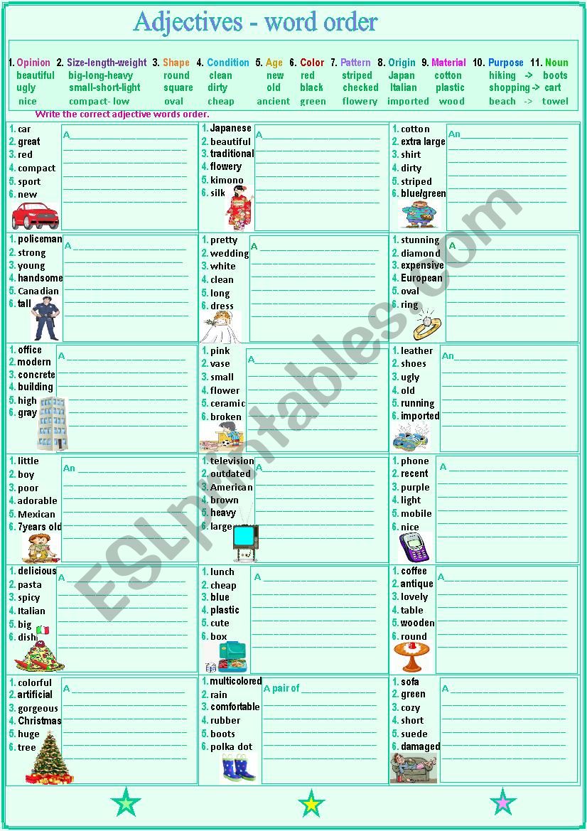 Adjective words order worksheet