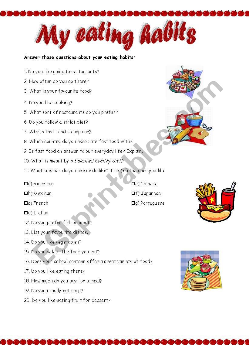 My eating habits worksheet