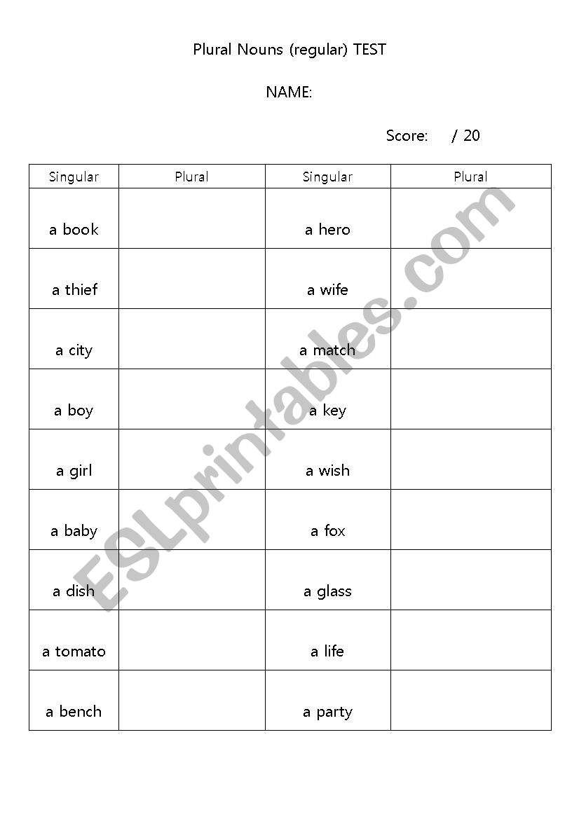 Plural Nouns(Regular) Test for Kids