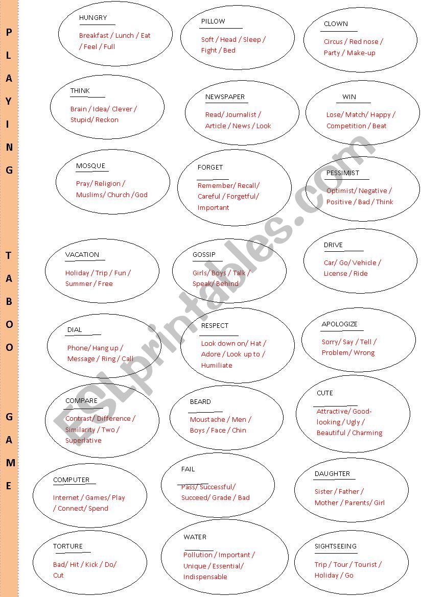 TABOO GAME -  BASIC VOCABULARY