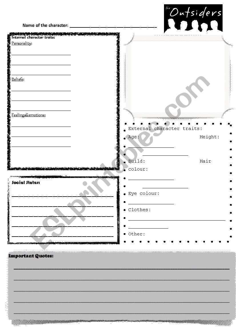 â€œThe Outsidersâ€œ, Characterization worksheet 