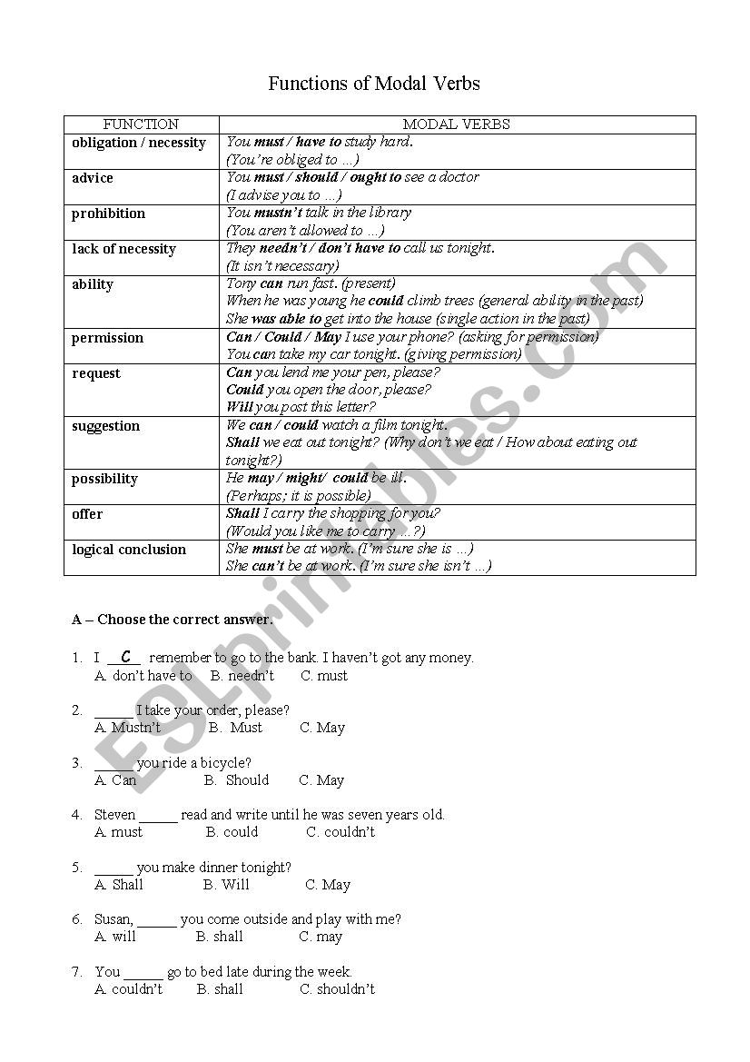 Modal verbs worksheet