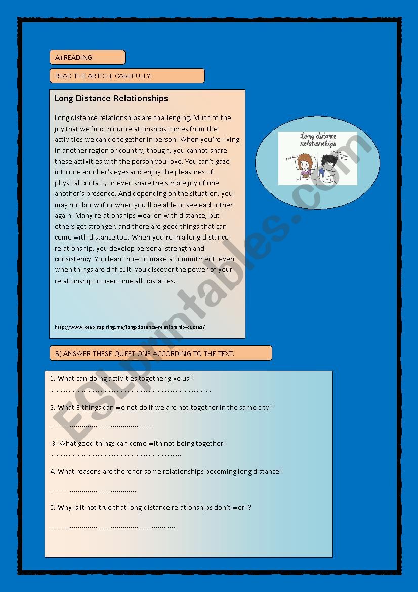LONG DISTANCE RELATIONSHIP READING, VOCABULARY, WRITING  AND GRAMMAR WORKSHEET 