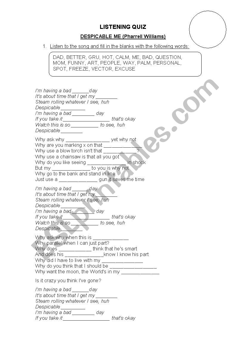Song: Despicable me worksheet
