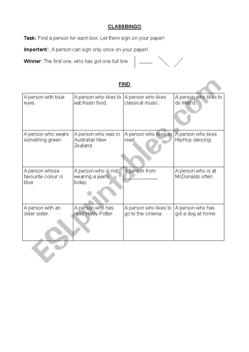 Class Bingo - Warming up worksheet
