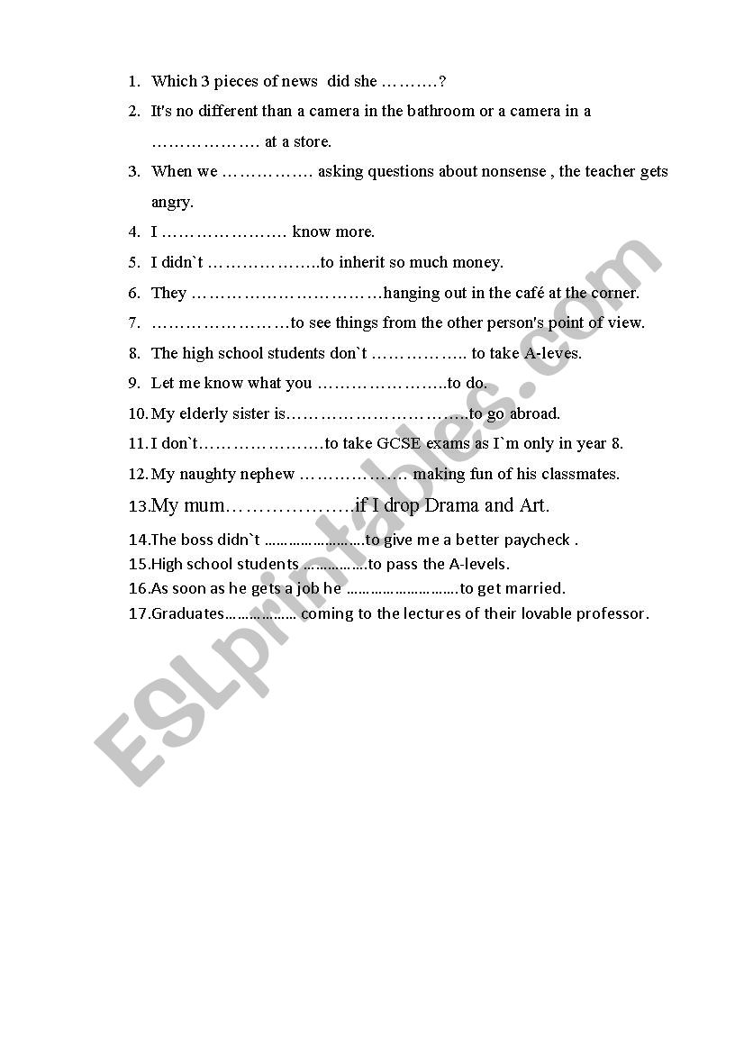 gerund vs infinitive  worksheet