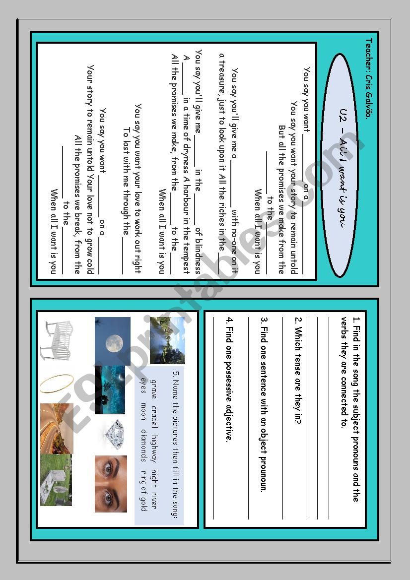 U2 - ALL I WANT IS YOU - GRAMMAR, VOCABULARY, FILL IN THE BLANKS - EDITABLE