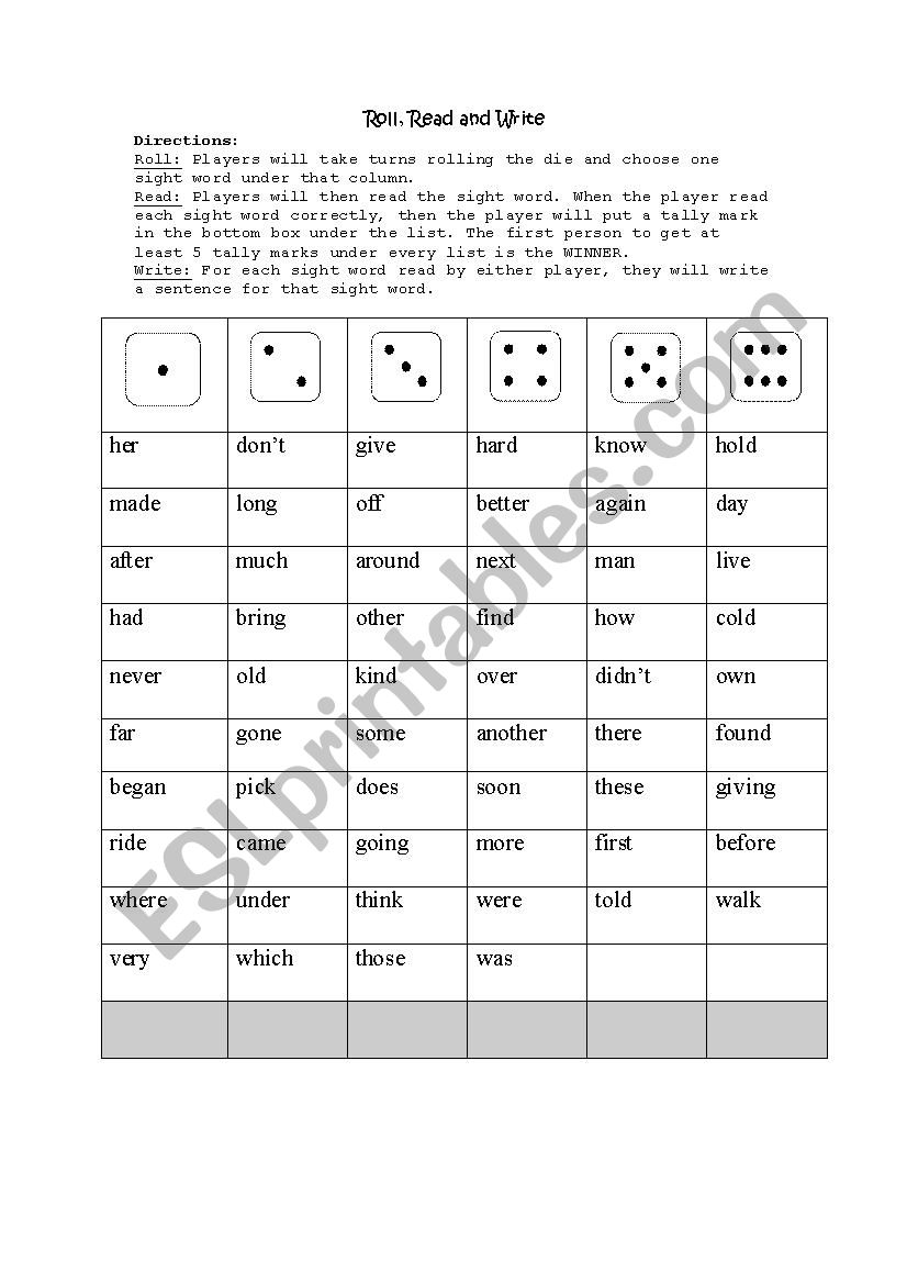 Roll Read Write worksheet