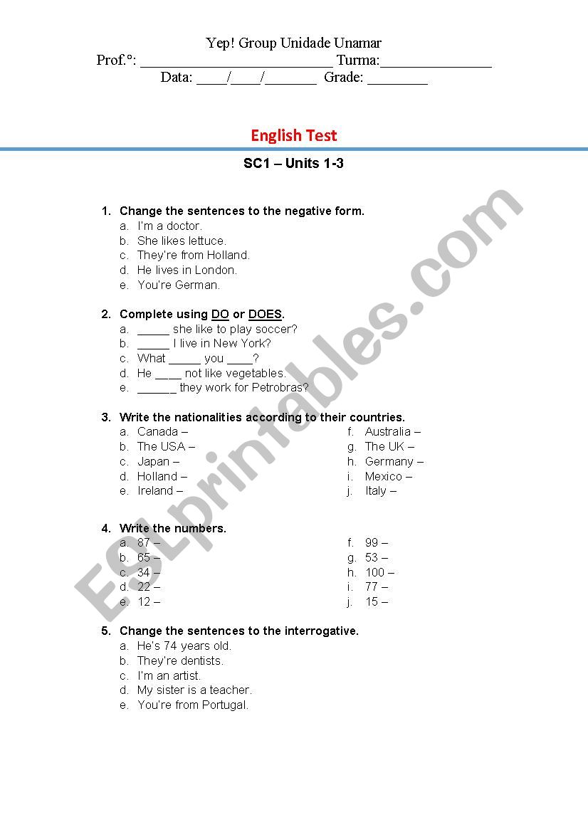 Exercisea worksheet