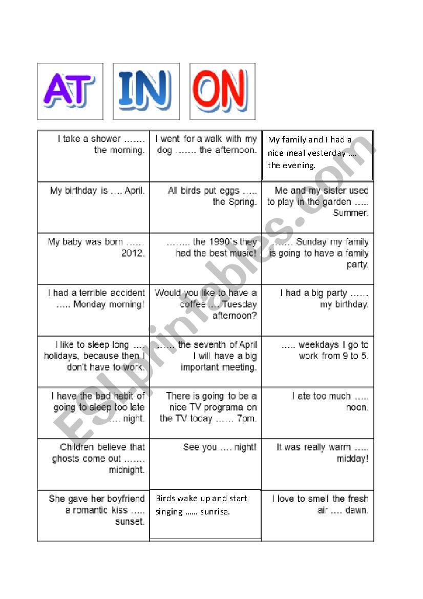 IN ON AT, prepositions of time cutouts!