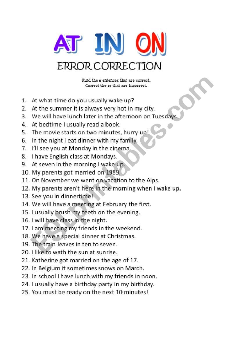 IN ON AT, prepositions of time ERROR CORRECTION