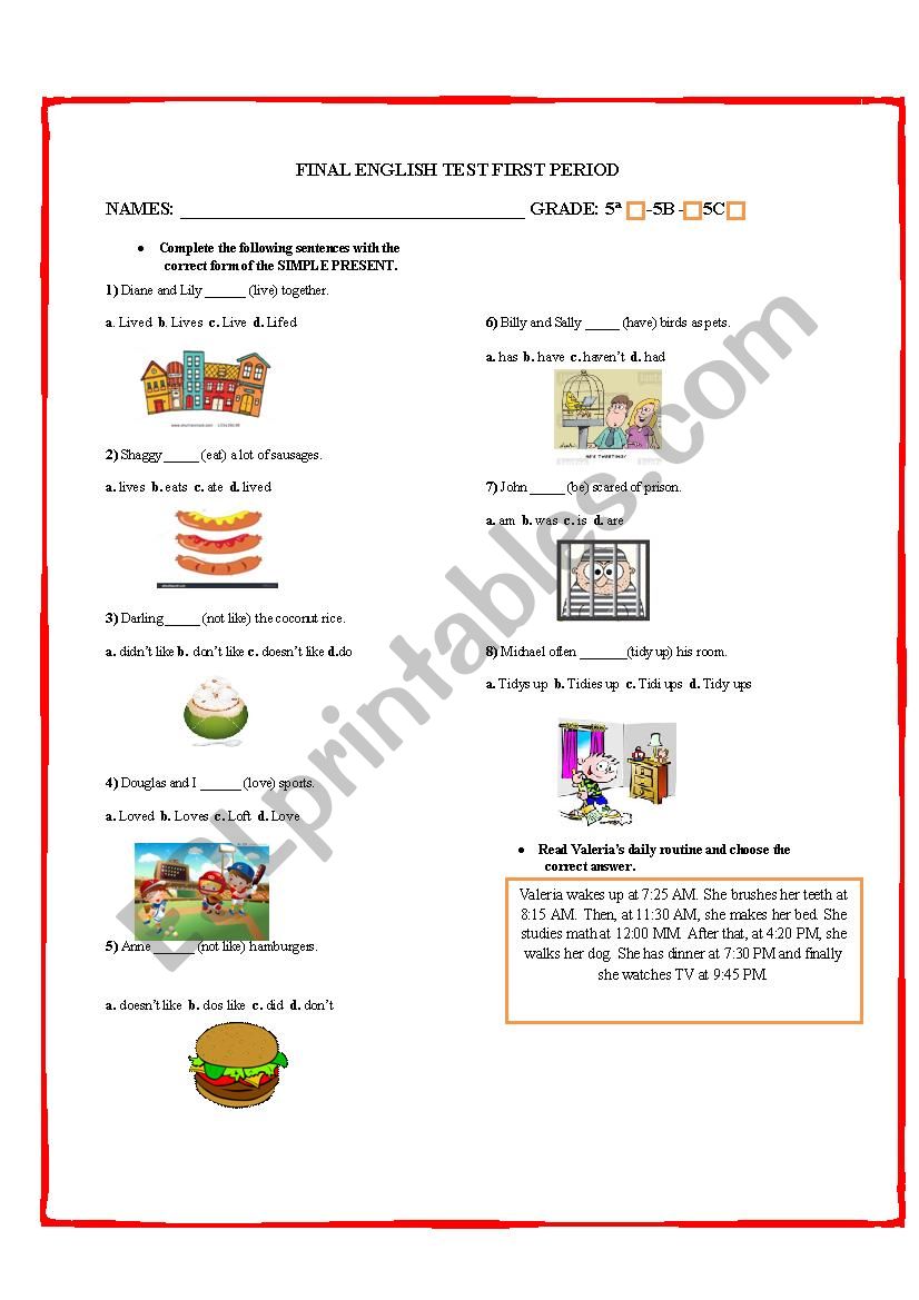 ENGLISH TEST SIMPLE PRESENT worksheet