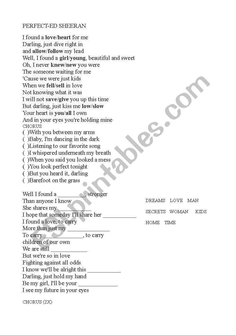 Song Perfect by Ed Sheeran worksheet