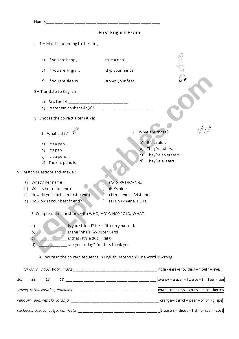 First English Exam - 6th grade