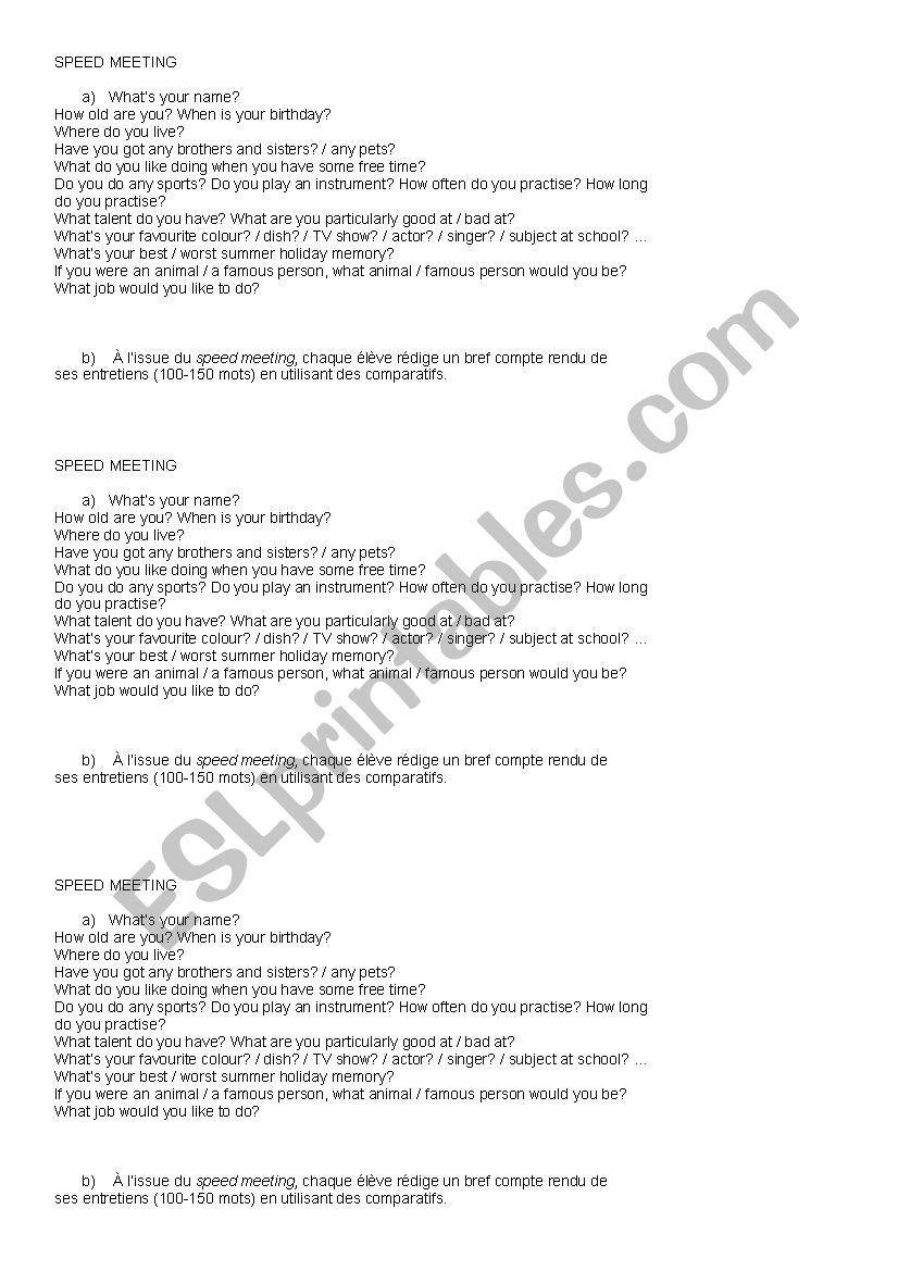 Speed meeting worksheet