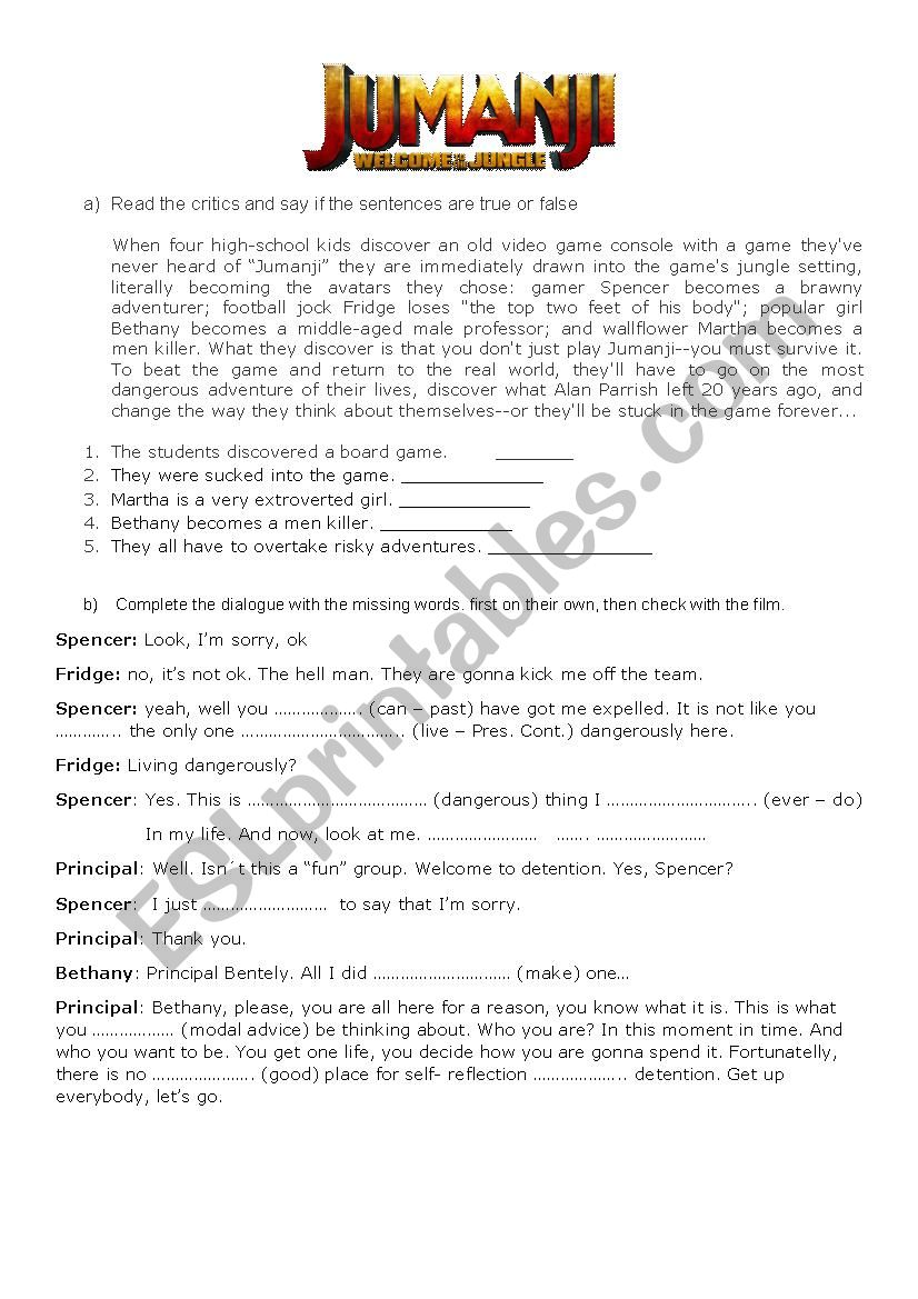 jumanji worksheet