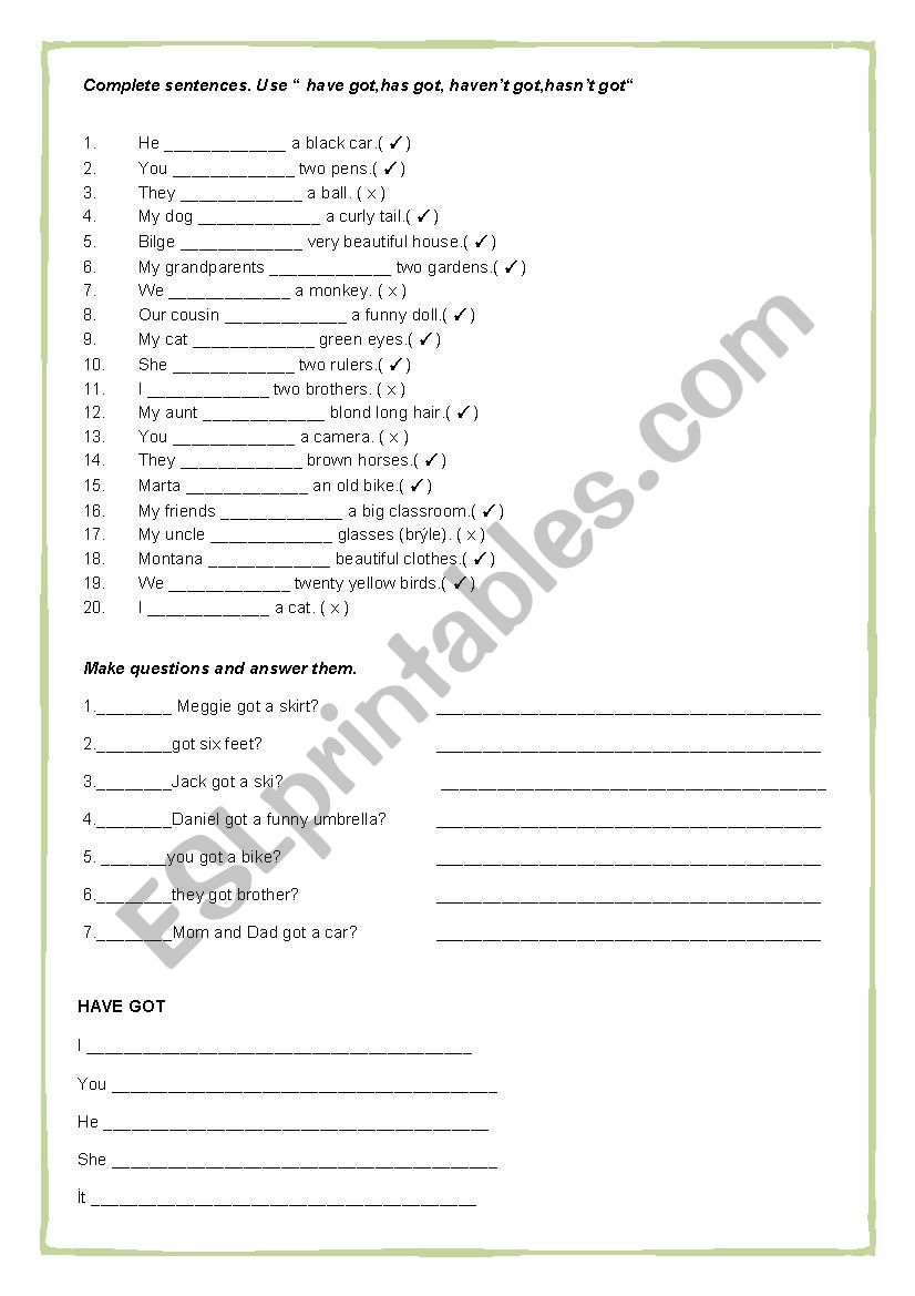 Have / has got - practice worksheet