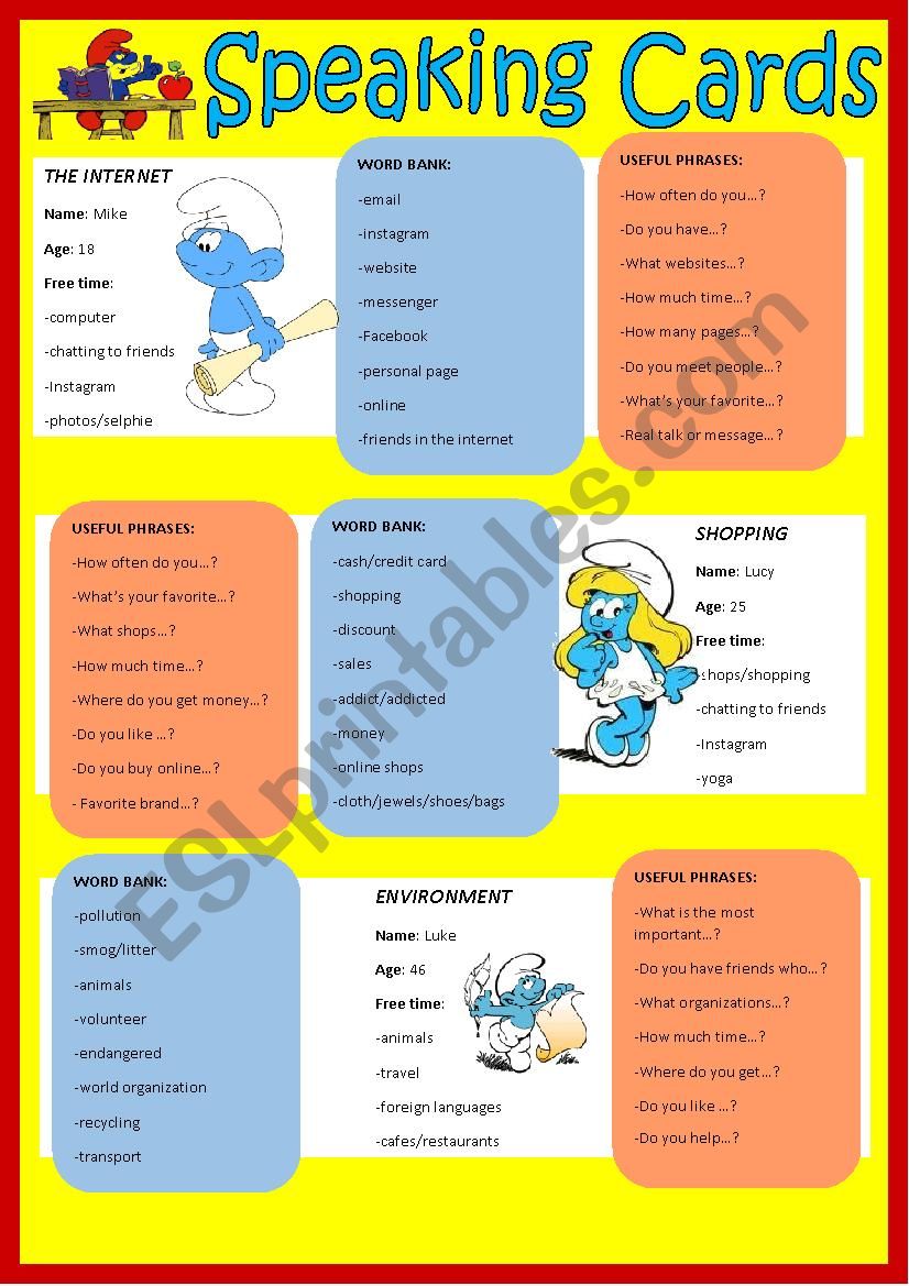 Speaking cards worksheet