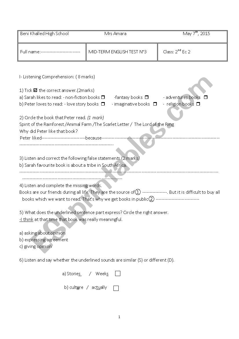 TEST 5 2nd YEAR EC & SERVICES worksheet