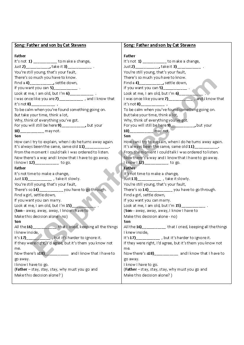 Father and Son - Cat Stevens worksheet