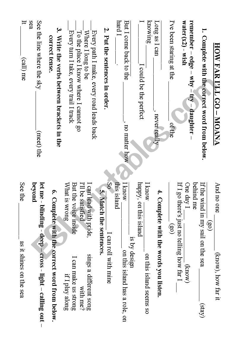 How far Ill go - Moana worksheet