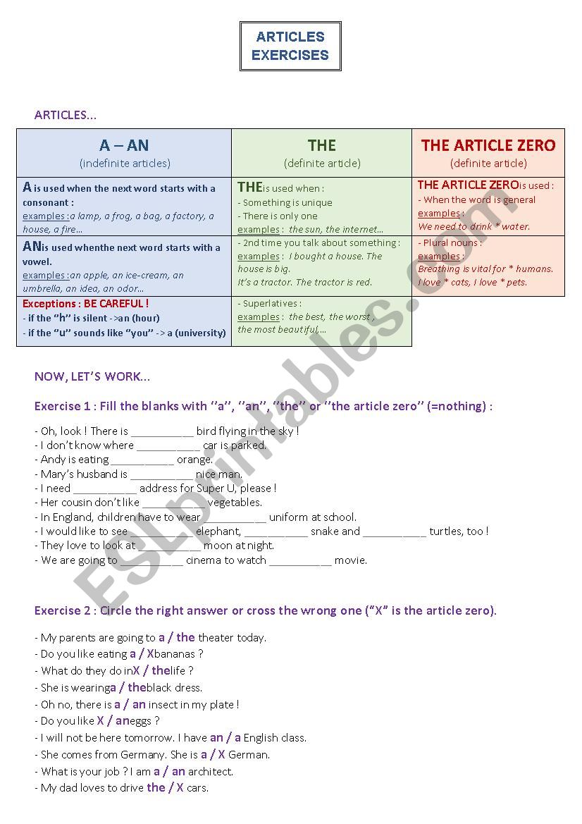 Articles worksheet (a, an, the...)