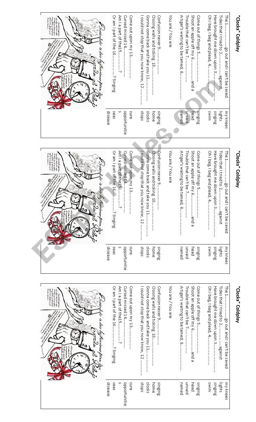 clocks coldplay worksheet