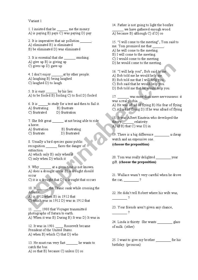 Grammar revision tests worksheet