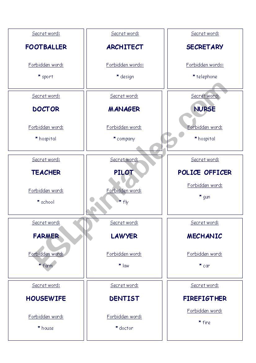 Occupations/jobs - taboo game worksheet