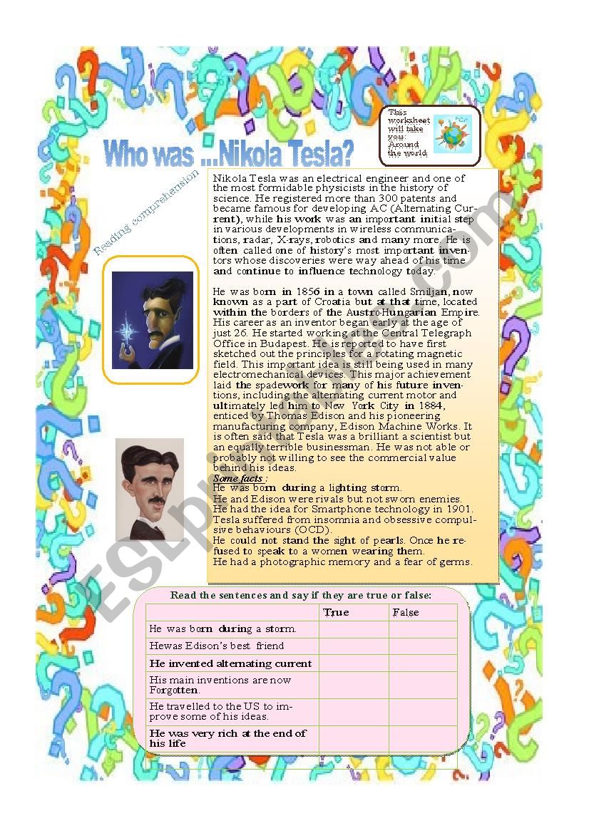 Who was Nikola Tesla ? worksheet