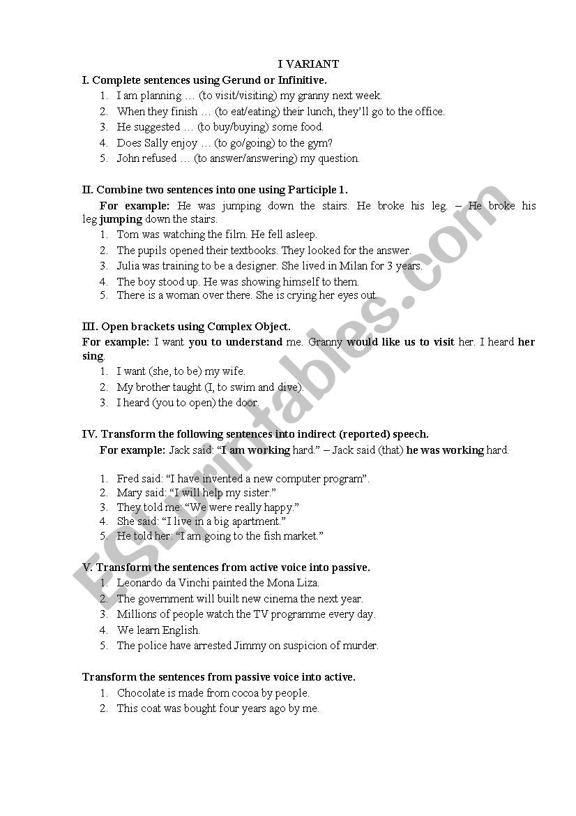 Control Work. Gerund, Participle1, Infinitive, Reported Speech, Passive Voice.