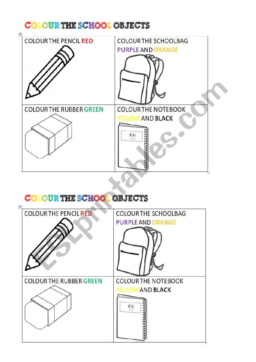 Colour the school objects worksheet