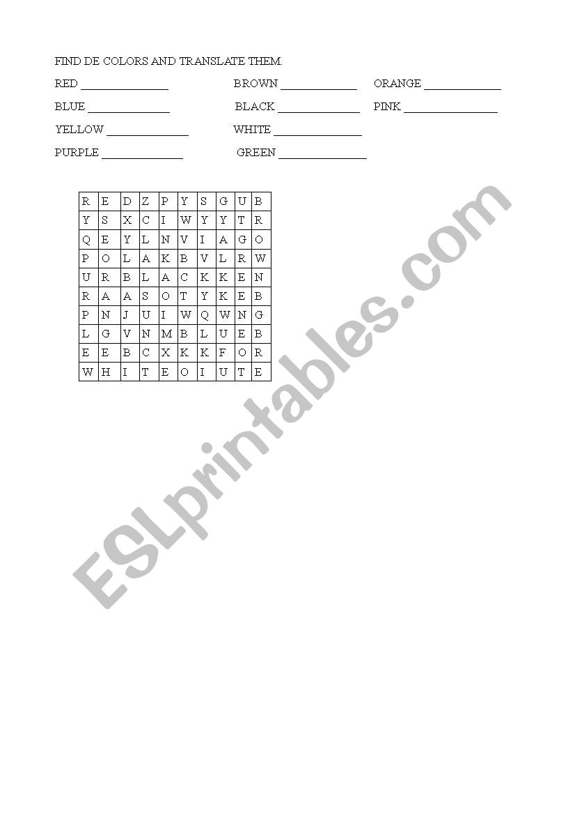 Colors wordsearch worksheet