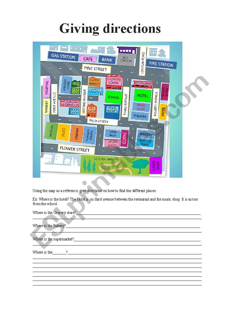 Places in town and directions worksheet