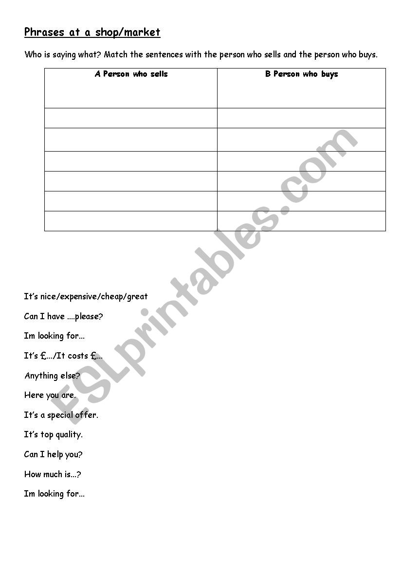 Phrases at a shop worksheet