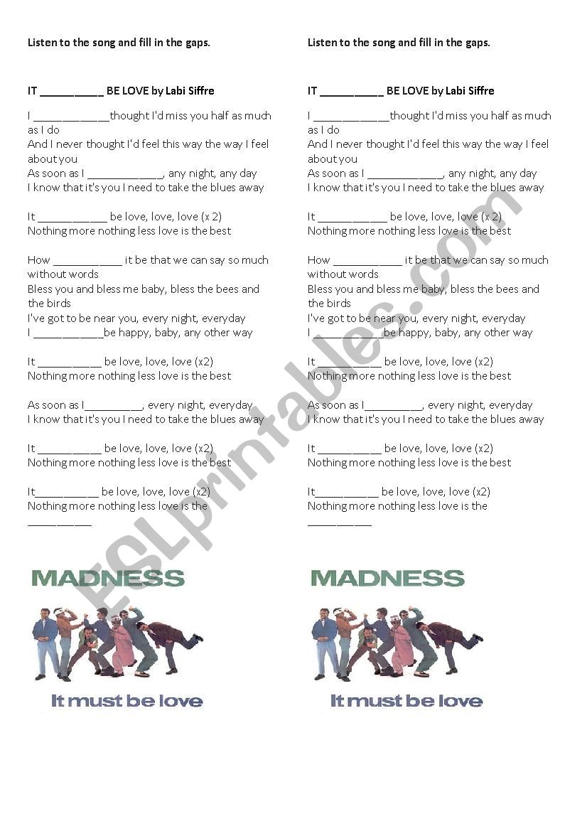 Song It must be love worksheet