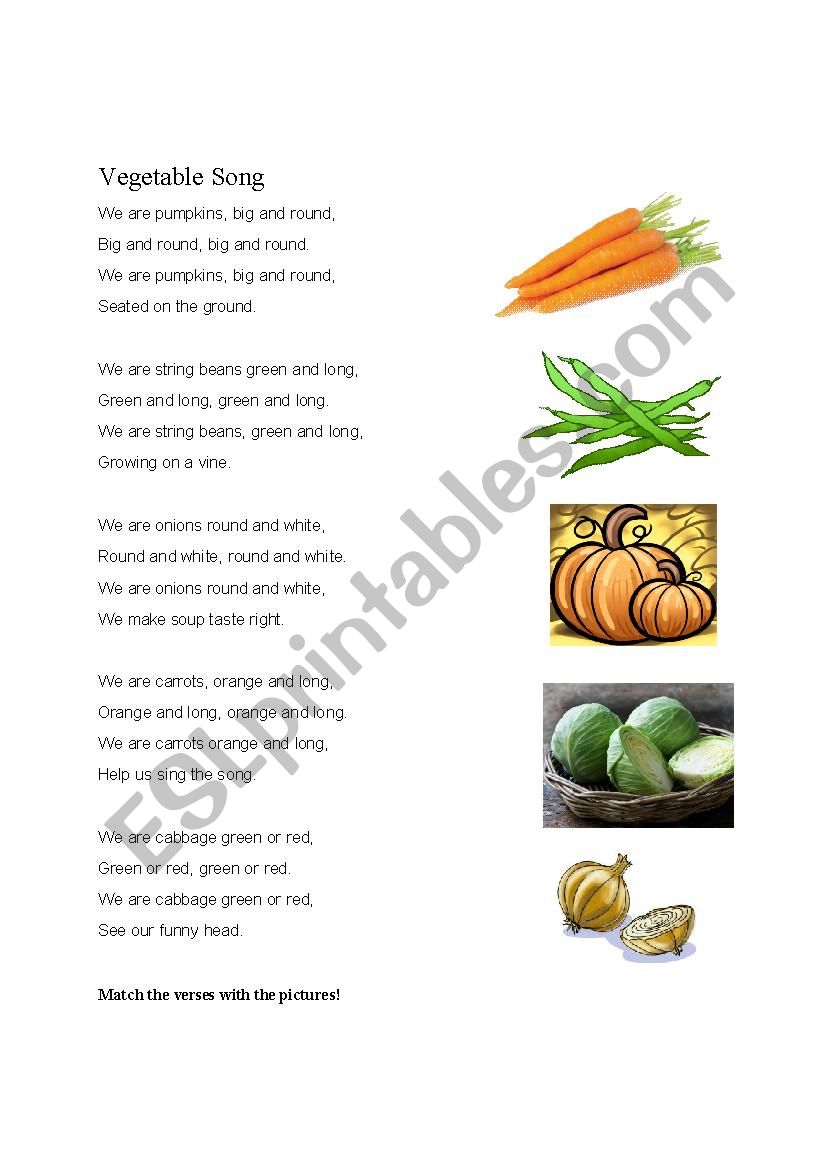 Vegetable song - ESL worksheet by Agyleffentyu