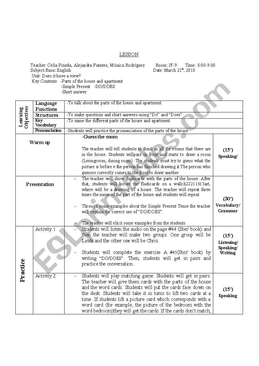 Lesson plan. Parts of the house. simple present DO/DOES