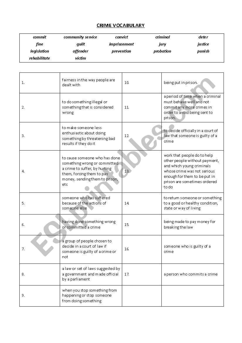 Crime Vocabulary worksheet