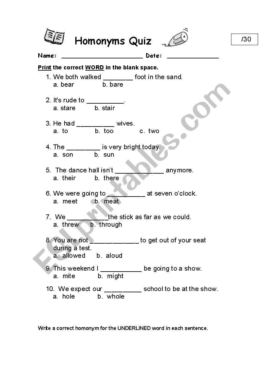 Homonyms Quiz worksheet