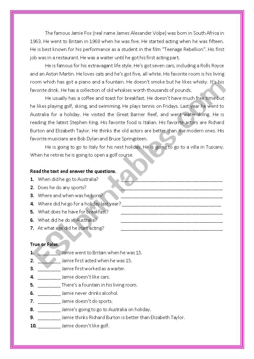 Reading Comprehension worksheet