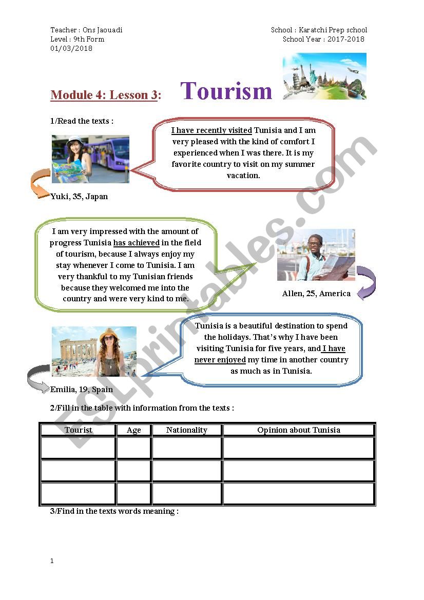 tourism lesson plan grade 11