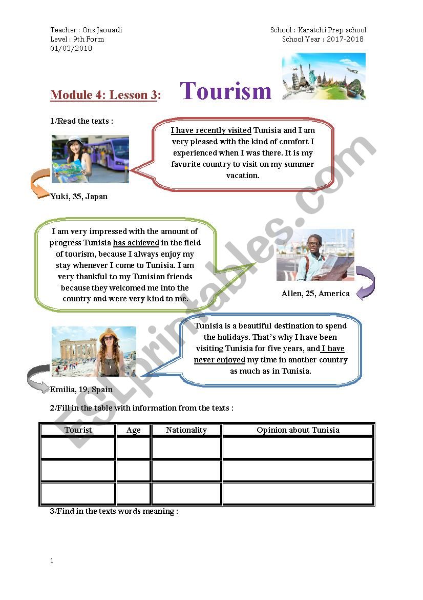 Tourism worksheet