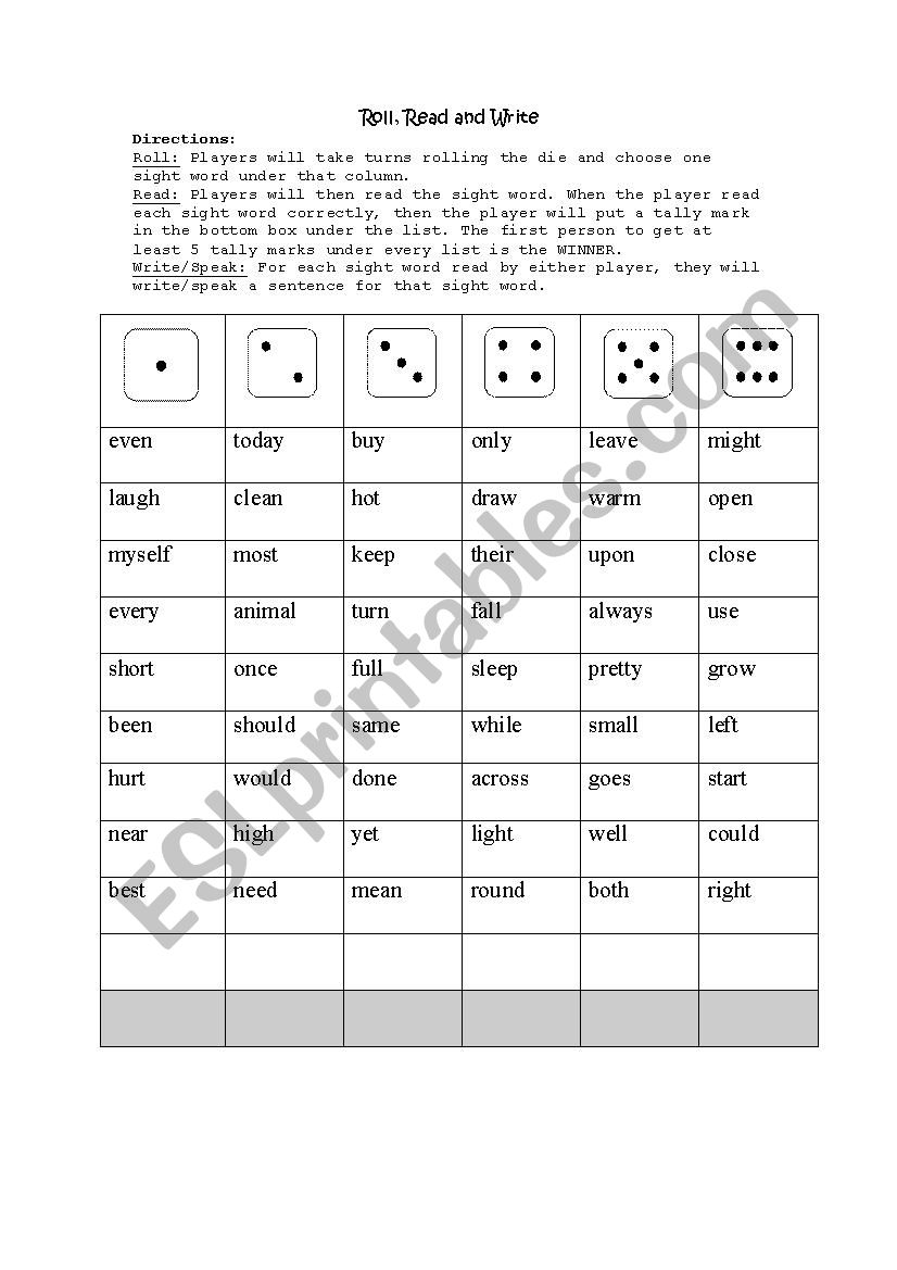 Roll Read Write worksheet