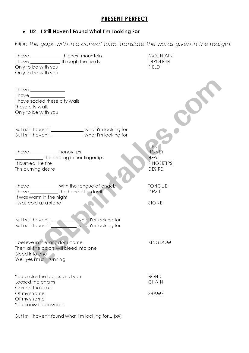 Present Perfect  2 Songs worksheet