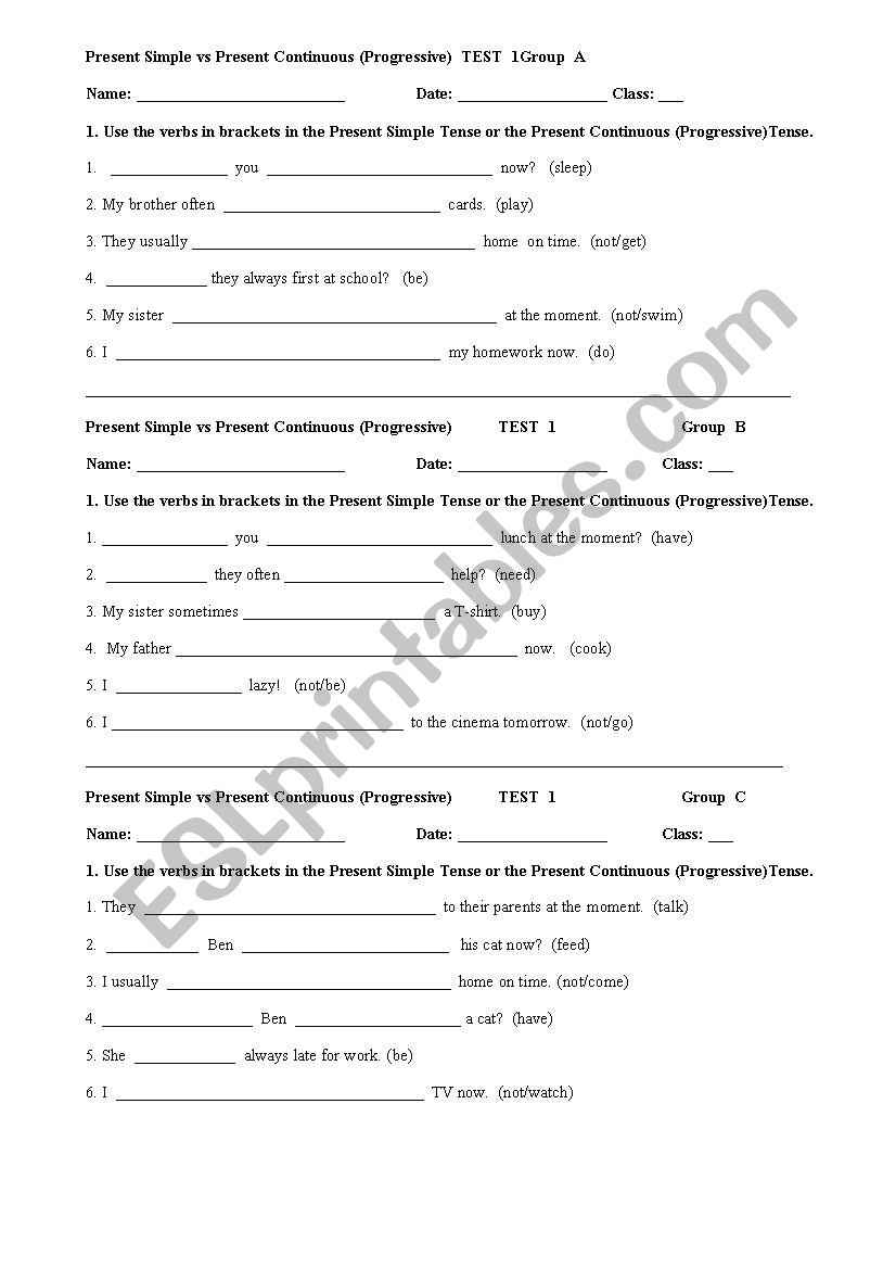 The Present Simple Tense vs The Present Continuous (Progressive) Tense tests