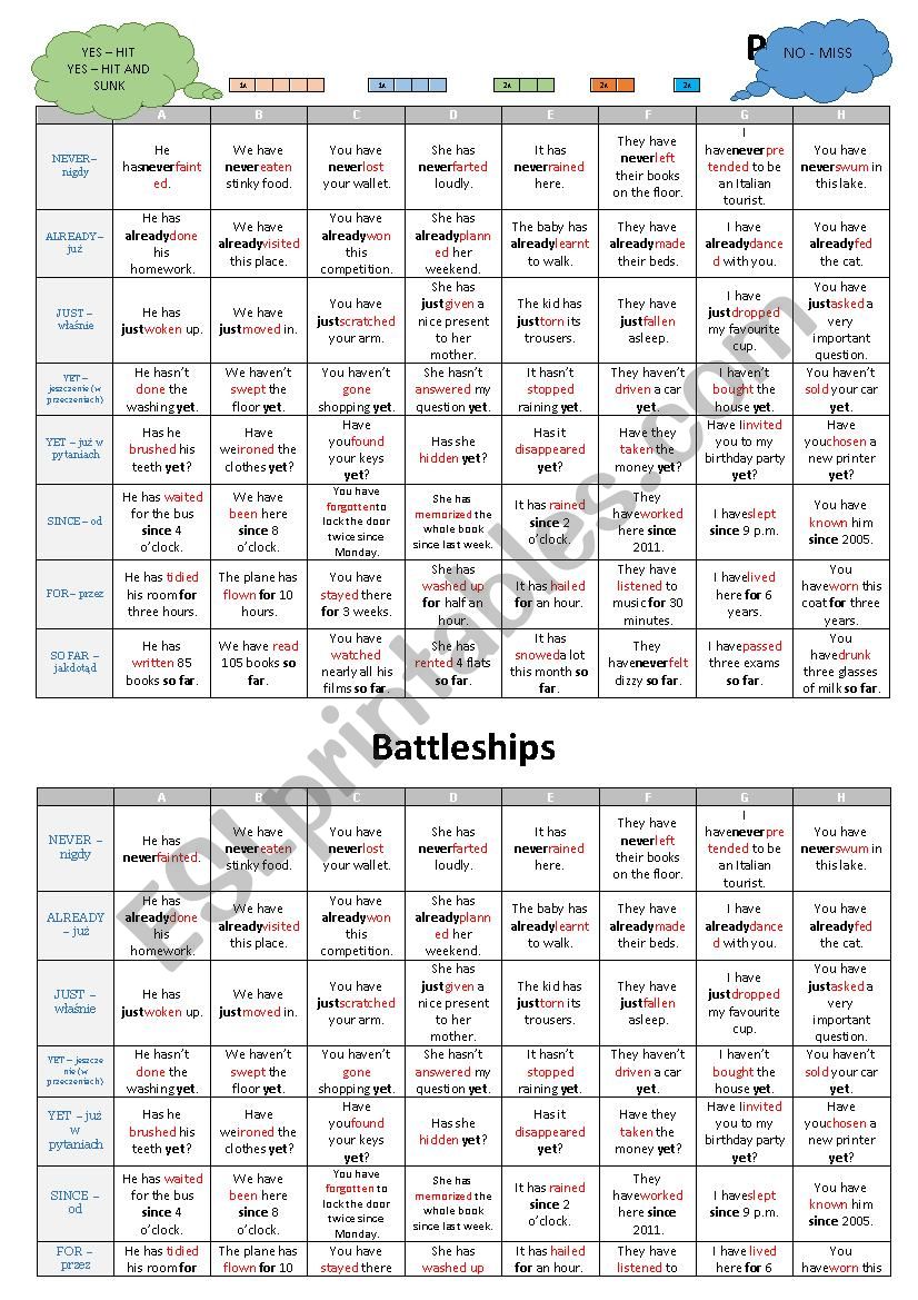Present Perfect Battleships worksheet